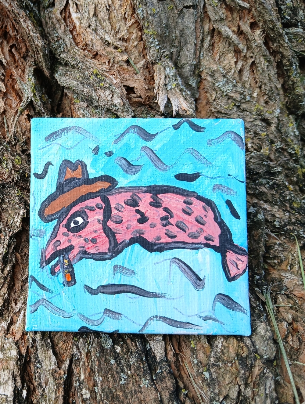 Fish In Hat Mini Painting Folk Art